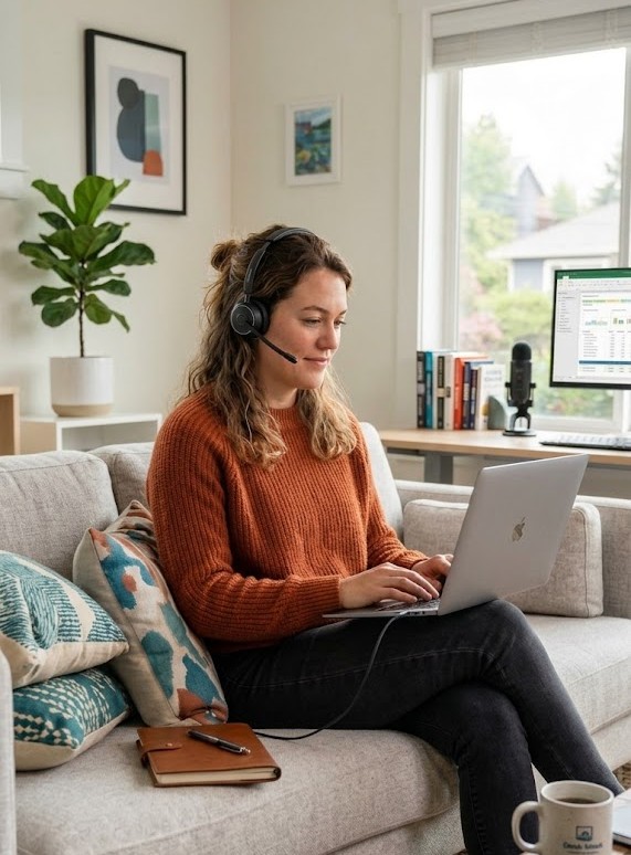 Person working remotely from a home workspace